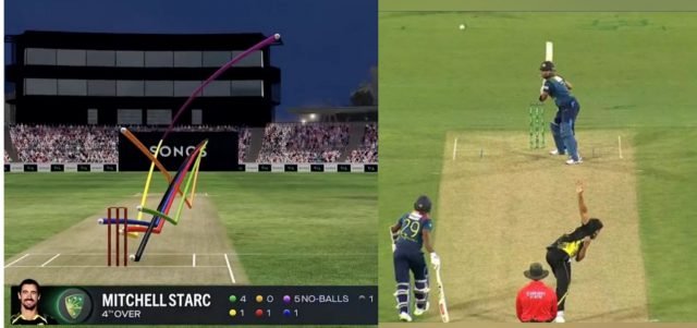 Mitchell Starc bowls most bizarre wide ball during 3rd T20I vs SL. Pic/Screengrab 