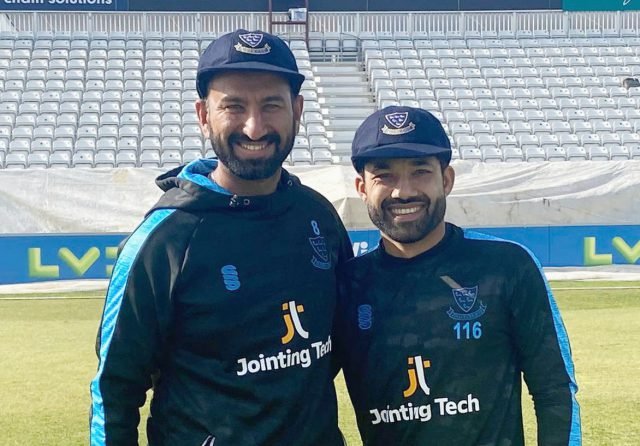 "Divided and United By British": Indian and Pakistani fans celebrate Cheteshwar Pujara and Mohammad Rizwan's Sussex Debut. Pic/Sussex