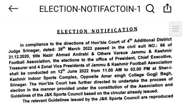Check full voter list as J&K Football Association elections to be held on June 12. Pic/Notice 